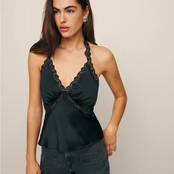 Reformation NWT Black Lace Trim Monica Silk Tank Top - Picture 1 of 11